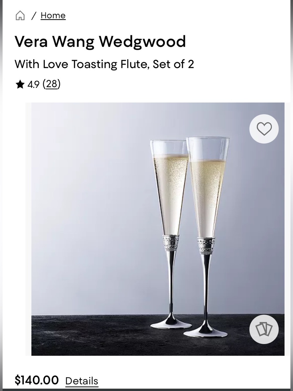 Vera Wang Wedgwood Silver-Accented Clear Champagne Flutes, Set of 2